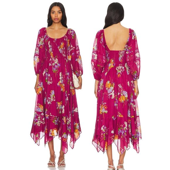 Free People Dresses & Skirts - FREE PEOPLE $168 Floral Boho Maroon Red Smocked Maxi Dress NEW NWT Sz SM or XS